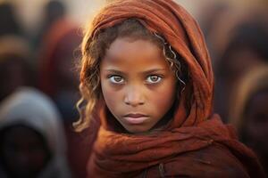 ai gerado retrato do lindo fofa afegão ou africano menina dentro lenço de cabeça olhando às Câmera, ao ar livre. social criança problemas conceito foto