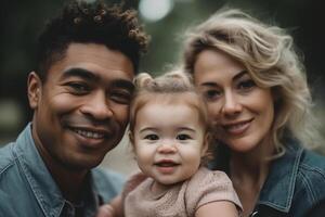 ai gerado interracial família, retrato do multi étnico pais com fofa filha ao ar livre foto