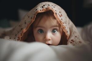 ai gerado retrato do uma engraçado caucasiano inocente menina espreitar Fora a partir de debaixo a tecido dentro cama, uma bonita pequeno criança com grande olhos olhando às a Câmera foto