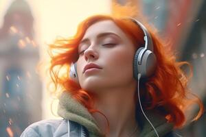 ai gerado despreocupado relaxante jovem mulher com fechadas olhos vestindo fones de ouvido ouvindo para música ao ar livre desfrutando melodia. música terapia foto