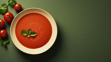 ai gerado topo Visão vegetariano tomate sopa com especiarias e ingredientes em verde fundo, Comida minimalismo bandeira com cópia de espaço foto