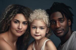 ai gerado fofa interracial família, retrato do multi étnico pais, africano americano Papai e caucasiano mãe com pequeno filha olhando às Câmera, dentro de casa foto