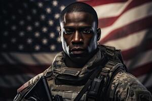 ai gerado retrato do sério africano americano adulto masculino soldado com arma de fogo em fundo do americano bandeira, patriota dentro militares uniforme olhando às Câmera. nacional patriota dia e memorial conceito foto