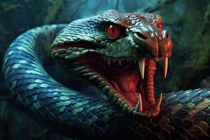 ai gerado fechar-se agressivo serpente com aberto boca, perigoso réptil predador dentro selva foto
