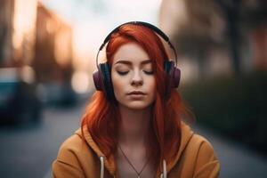 ai gerado música terapia, caucasiano fêmea adolescente dentro fones de ouvido em rua, fofa ruivo mulher ouvindo para música com dela olhos fechadas foto
