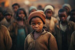 ai gerado social problemas, multidão do com fome pobre africano imigrante crianças, triste pequeno Garoto olhando às Câmera ao ar livre foto