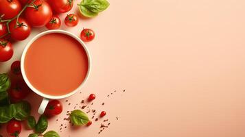 ai gerado copo do vegetariano tomate sopa com ingredientes em Rosa fundo, Comida minimalismo bandeira com cópia de espaço foto