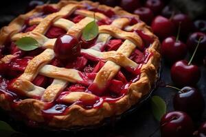 ai gerado cereja torta, fechar-se tradicional holandês pastelaria doce sobremesa com bagas foto