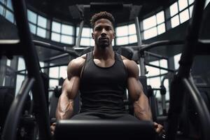 ai gerado Treinamento dentro academia, muscular Forte afro americano fisiculturista masculino atleta sentado em simulador dentro de casa foto