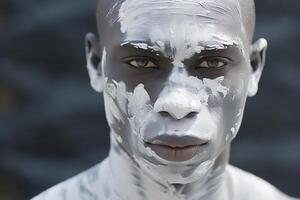 ai gerado identidade, vitiligo, racismo conceito. retrato do uma sério africano americano homem com branco pintura manchas em dele face olhando às Câmera foto