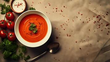 ai gerado topo Visão tomate sopa com legumes ingredientes em cinzento toalha de mesa, vegano Comida bandeira com cópia de espaço foto