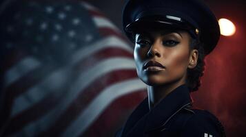 ai gerado retrato do orgulhoso afro americano mulher polícia Policial dentro uniforme contra fundo do EUA americano bandeira, cópia de espaço foto