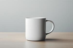 ai gerado fechar-se do uma branco caneca com uma lidar com brincar em uma mesa contra uma parede fundo, minimalismo foto