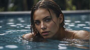 ai gerado retrato do uma bonita menina dentro a piscina, molhado retrato, molhado gir dentro a piscina, mulher é natação dentro a piscina foto