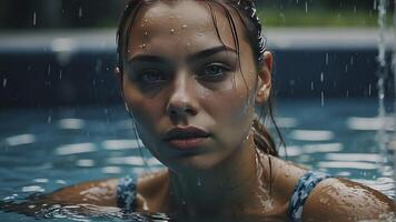 ai gerado retrato do uma bonita menina dentro a piscina, molhado retrato, molhado gir dentro a piscina, mulher é natação dentro a piscina foto