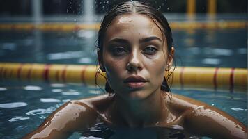 ai gerado retrato do uma bonita menina dentro a piscina, molhado retrato, molhado gir dentro a piscina, mulher é natação dentro a piscina foto