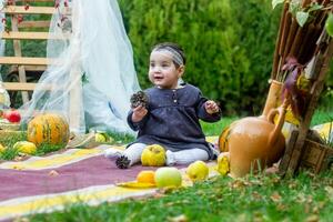 a pequeno criança jogando dentro a parque com frutas, pequeno menina dentro a outono parque foto