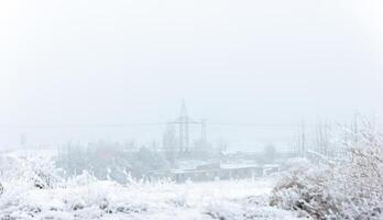 nebuloso panorama com neve, neve coberto árvores, frio inverno cenário foto