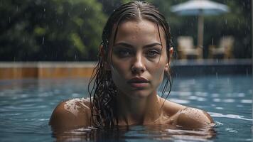 ai gerado retrato do uma bonita menina dentro a piscina, molhado retrato, molhado gir dentro a piscina, mulher é natação dentro a piscina foto