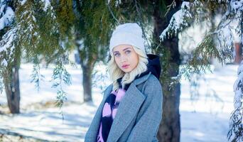 retrato do uma mulher dentro uma parque, retrato do uma mulher dentro inverno parque, retrato do uma Loiras mulher, mulher dentro chapéu foto