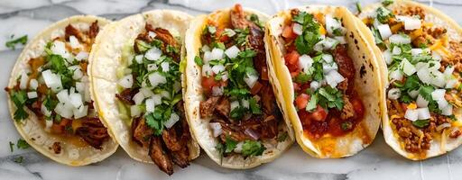 ai gerado tacos al pastor arranjado em mármore mesa, tradicional mexicano Comida foto