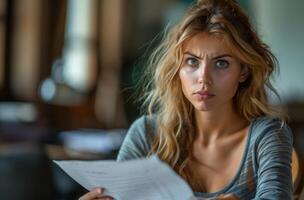 ai gerado estressado mulher segurando papel às mesa, atual inflação Projeto foto