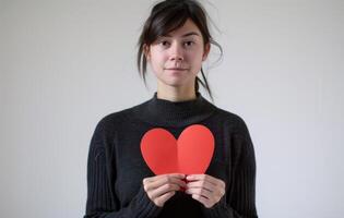 ai gerado uma mulher detém uma vermelho coração em forma papel contra uma branco pano de fundo, emocional beijo cenário foto