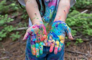 ai gerado uma menina mãos pintado dentro vários cores, criativo mundo arte foto