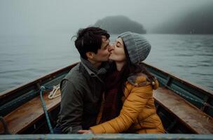 ai gerado casal se beijando romanticamente em uma barco dentro uma sereno lago, emocional beijo cenário foto