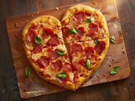 ai gerado uma coração em forma pizza colocada em uma de madeira quadro, internacional se beijando dia imagem foto