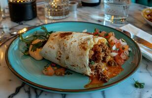 ai gerado uma burrito servido em uma mesa dentro uma restaurante, colorida mexicano Comida foto
