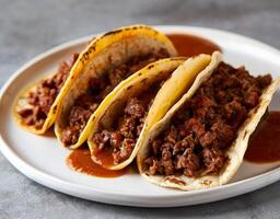 ai gerado carne tacos servido em uma branco prato com molho, mexicano Comida estoque foto