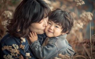 ai gerado uma mãe Beijos criança bochecha com amor, apaixonado beijo foto