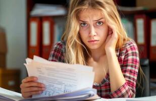 ai gerado estressado jovem mulher senta às escrivaninha segurando documento, inflação por aí a mundo Projeto foto