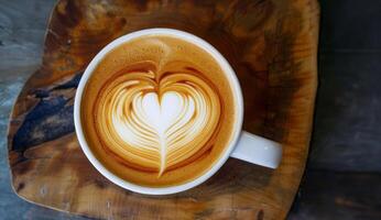 ai gerado coração em forma café com leite dentro branco xícara, suave beijo foto