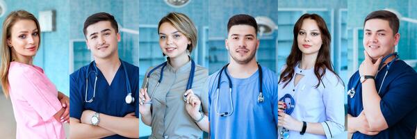 coleção do profissional médicos retratos com sorridente bem sucedido médico trabalhadores, médicos e enfermeiras a partir de diferente países. publicidade bandeira, colagem, panorama. foto