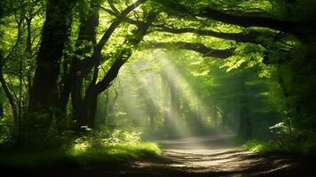 ai gerado natural arco do iluminado pelo sol árvores dentro a floresta. criada com generativo ai foto