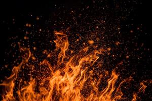 ai gerado fogosa faíscas em Preto detalhes do ardente chamas isolado em uma Sombrio fundo. criada com generativo ai foto