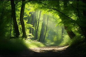 ai gerado natural arco do iluminado pelo sol árvores dentro a floresta. criada com generativo ai foto