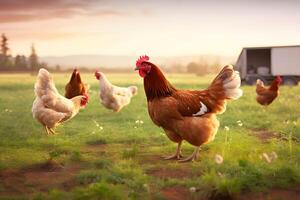 ai gerado galinha, galo e animais com livre alcance dentro campo . criada com generativo ai foto