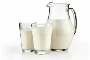 ai gerado natural todo leite leite jarros e óculos isolado em branco fundo. criada com generativo ai foto