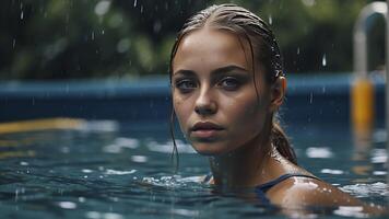 ai gerado retrato do uma bonita menina dentro a piscina, molhado retrato, molhado gir dentro a piscina, mulher é natação dentro a piscina foto