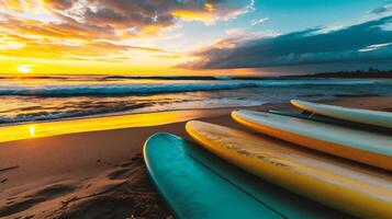 ai gerado colorida pranchas de surf em a de praia foto