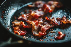 ai gerado fritar bacon dentro uma fritar frigideira. raso profundidade do campo. foto