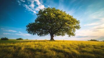 ai gerado solitário árvore em uma verde Prado debaixo azul céu com nuvens foto