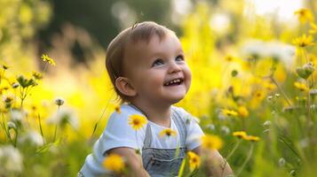 ai gerado retrato do uma pequeno Garoto dentro uma campo do amarelo flores foto