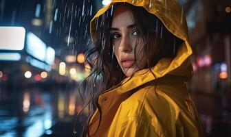 ai gerado uma solitário mulher abraçando a chuva dentro dela vibrante amarelo capa de chuva foto