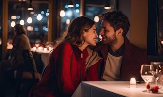 ai gerado uma romântico jantar encontro às uma acolhedor restaurante com delicioso Comida e vinho foto