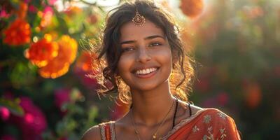 ai gerado emocional retrato do feliz indiano mulher. ai gerado foto