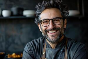 ai gerado emocional retrato do feliz italiano chefe de cozinha dentro óculos. ai gerado foto